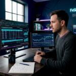 Trader reviewing trading performance data on screens