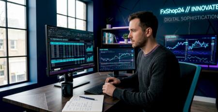 Trader reviewing trading performance data on screens