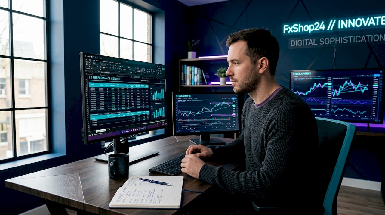 Trader reviewing trading performance data on screens