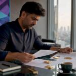 Trader reviewing gold trading documents