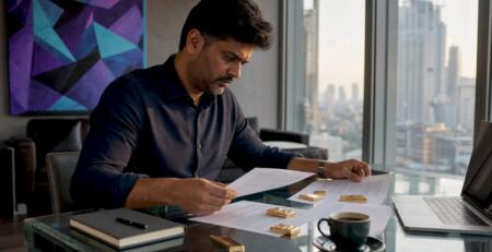 Trader reviewing gold trading documents