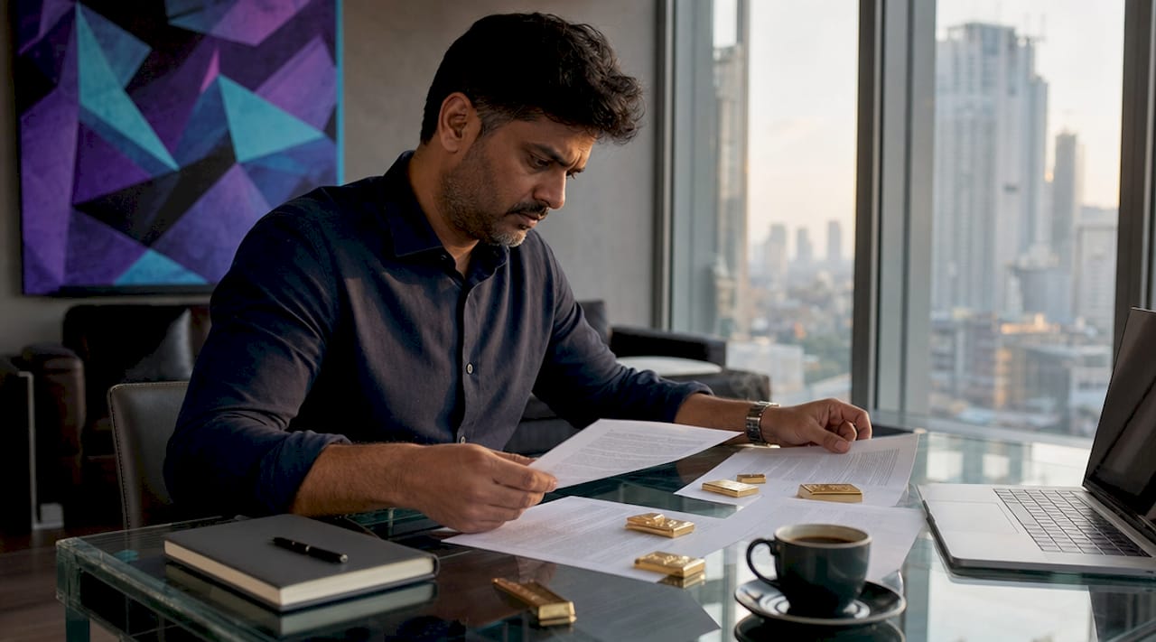 Trader reviewing gold trading documents