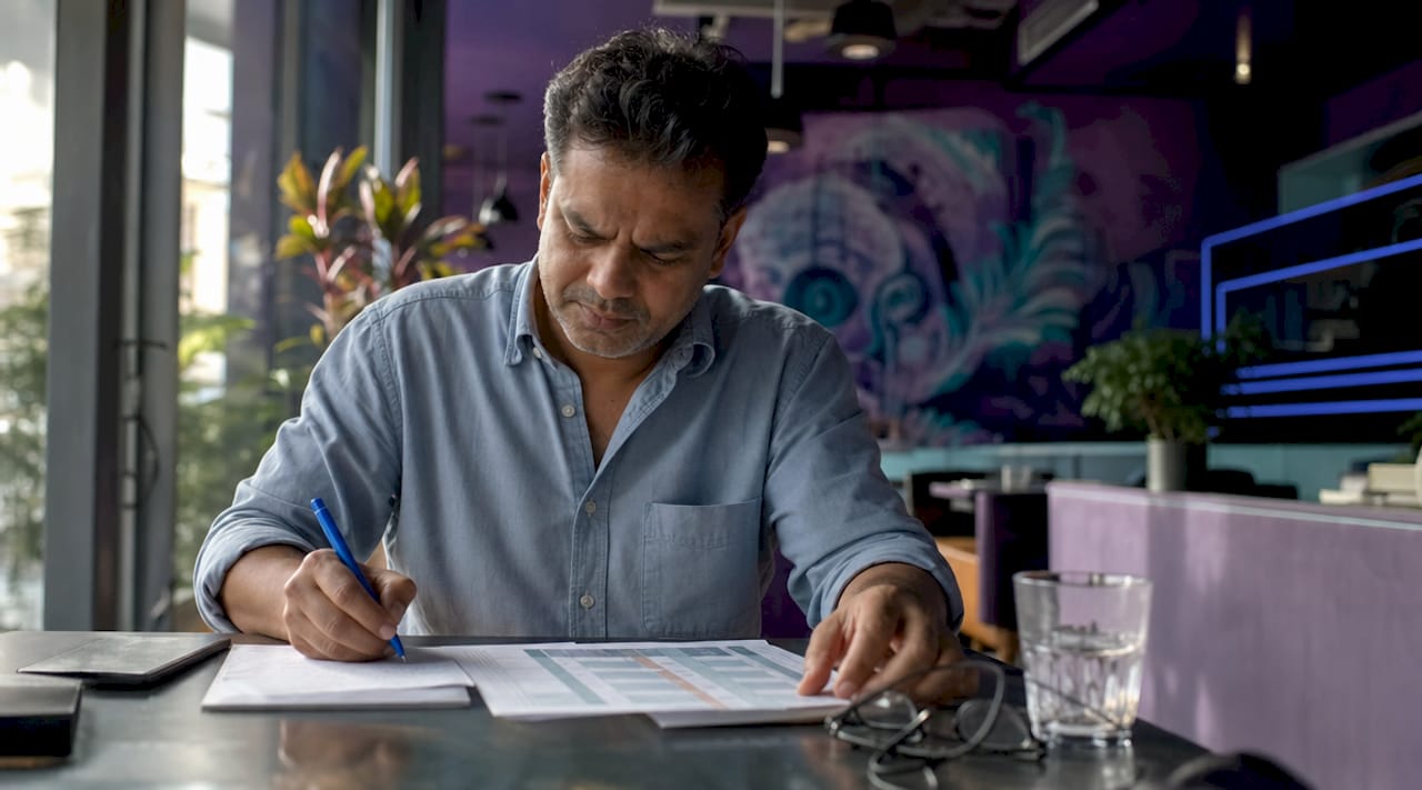 Man working with expert advisor documents at home