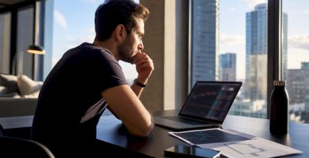 Retail trader at desk reviewing forex data