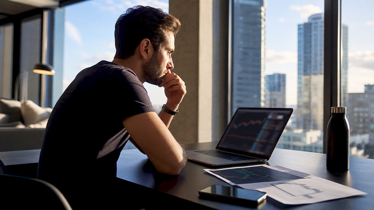 Retail trader at desk reviewing forex data