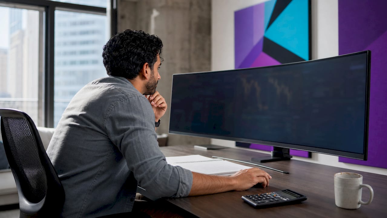 Trader analyzing backtesting data in home office