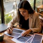 Woman analyzing copy trading reports at desk in office