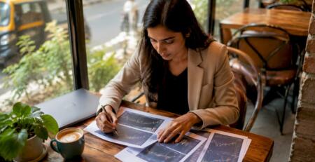 Woman analyzing copy trading reports at desk in office