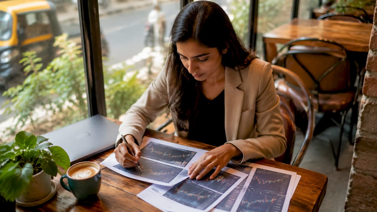 Woman analyzing copy trading reports at desk in office