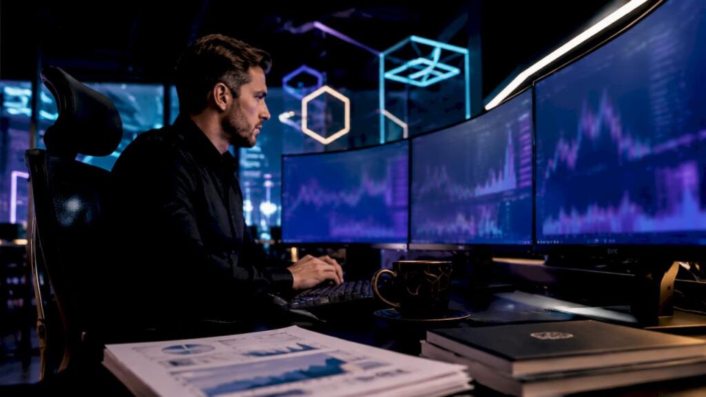 Home 32 Quantitative trader working at multi-monitor trading desk