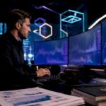 Quantitative trader working at multi-monitor trading desk
