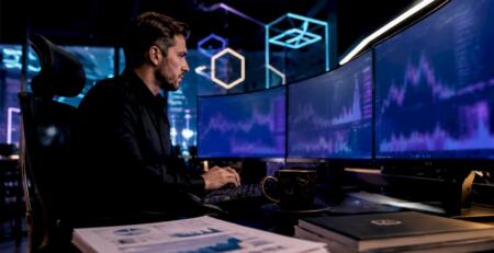 Quantitative trader working at multi-monitor trading desk