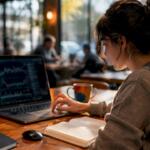 Woman practicing demo trading on laptop