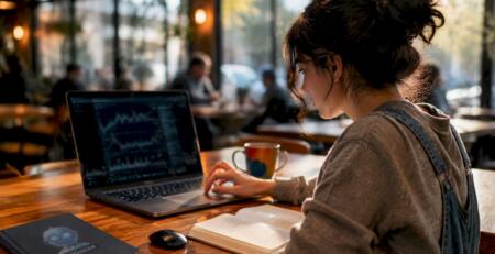 Woman practicing demo trading on laptop