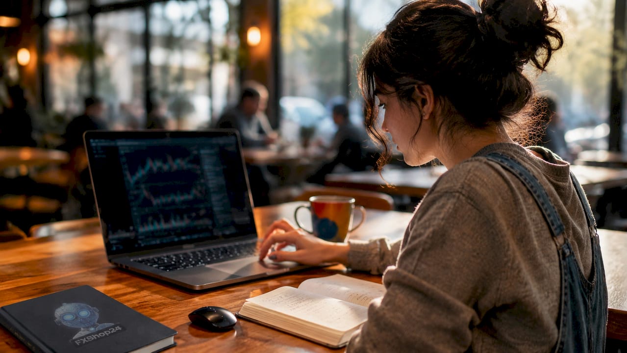 Woman practicing demo trading on laptop