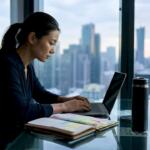Woman trader reviewing forex charts at desk