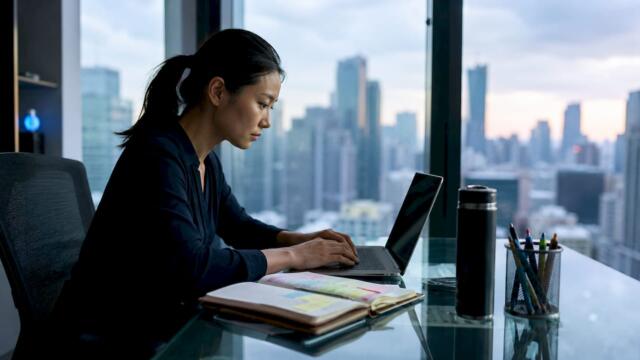 Woman trader reviewing forex charts at desk
