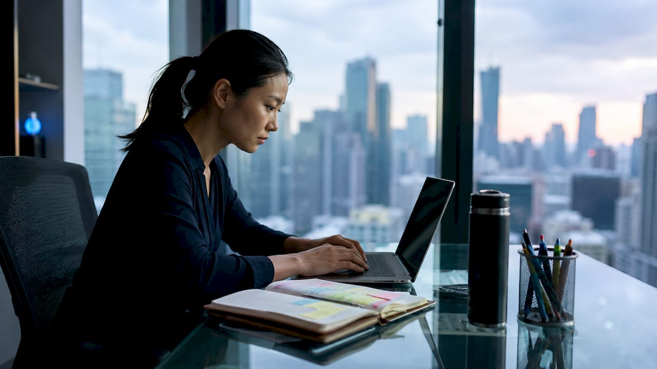 Woman trader reviewing forex charts at desk