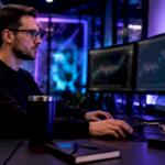 Trader using dual monitors for forex automation
