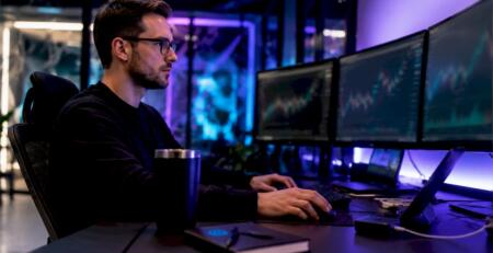 Trader using dual monitors for forex automation