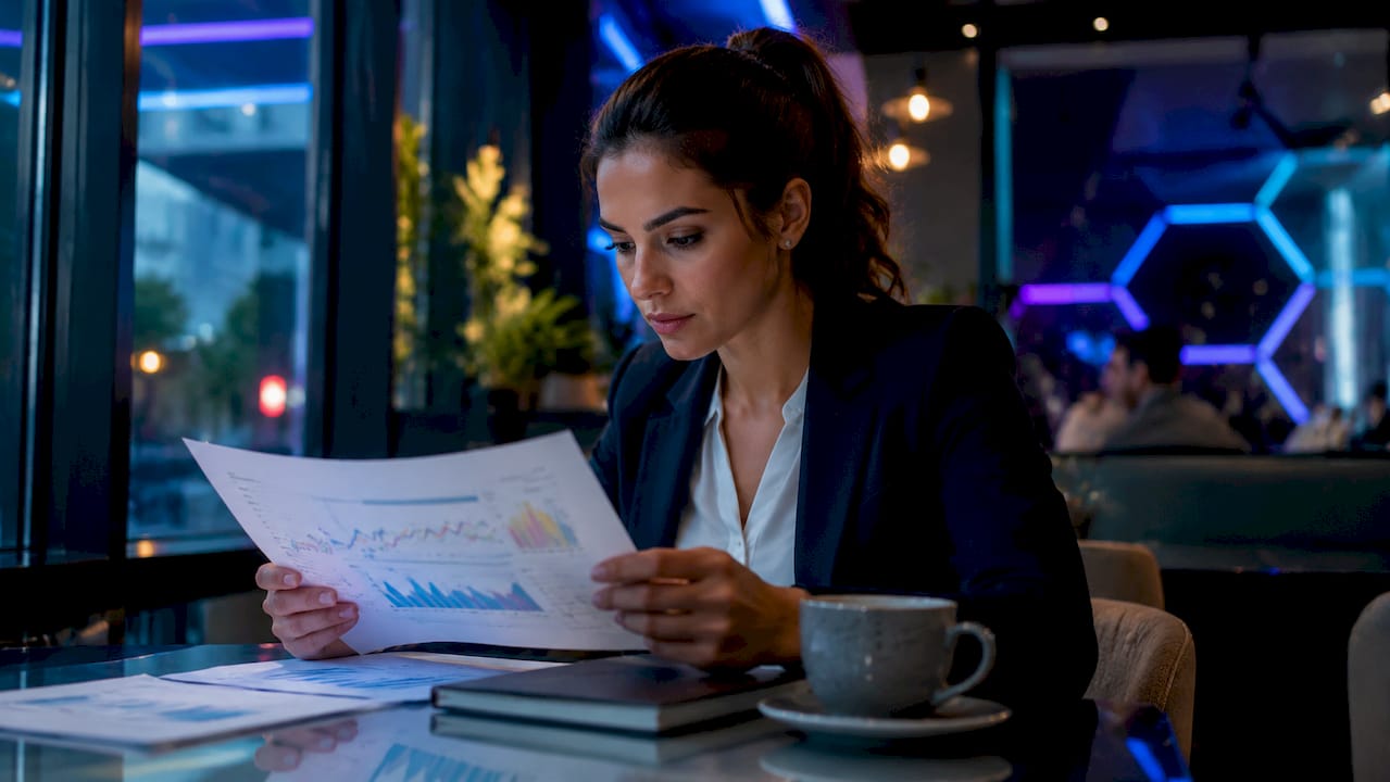 Financial analyst reviewing hedging strategy documents