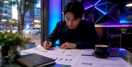 Trader reviewing gold and forex trading charts