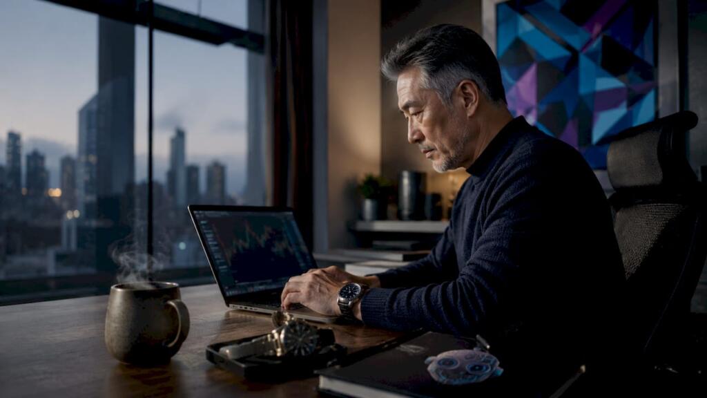 Trader working on gold trend bot strategy on laptop