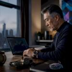 Trader working on gold trend bot strategy on laptop