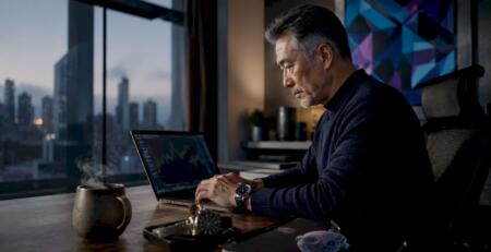Trader working on gold trend bot strategy on laptop