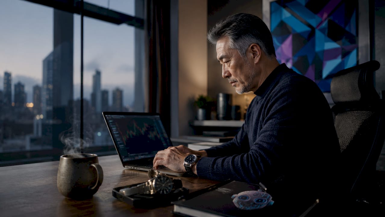 Trader working on gold trend bot strategy on laptop
