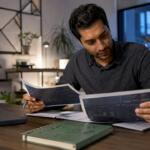 Trader reviewing trading software features printouts
