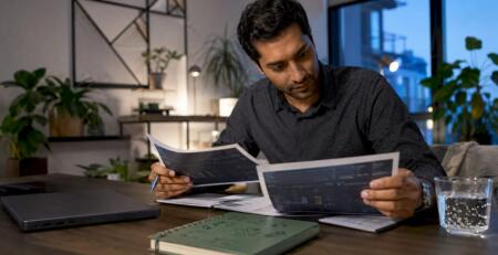 Trader reviewing trading software features printouts