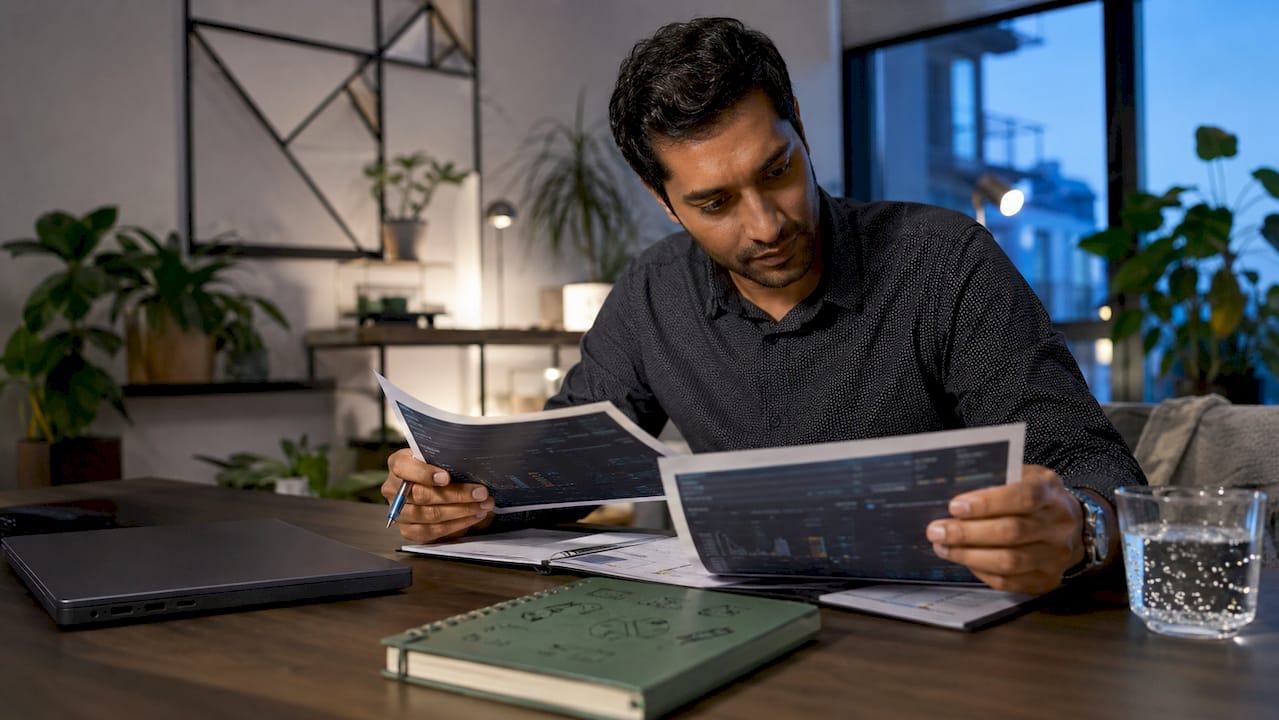 Trader reviewing trading software features printouts