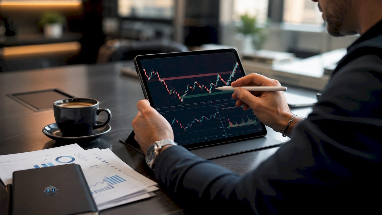 Hands drawing forex zones on tablet in cafรฉ