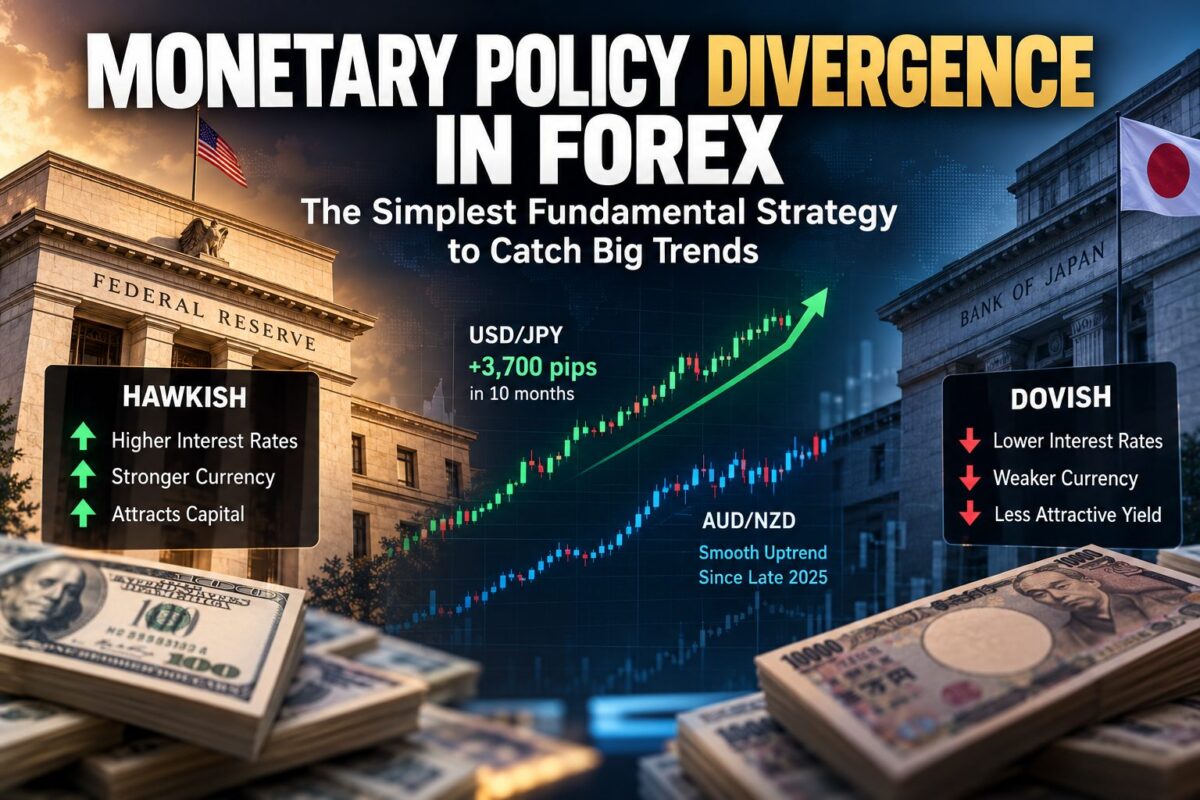 Monetary policy divergence in Forex showing interest rate differences and currency trends.