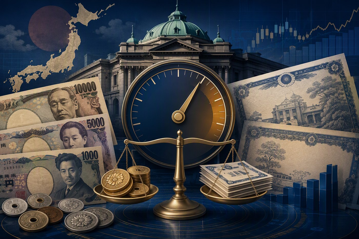 Bank of Japan monetary policy concept with yen banknotes, interest rate gauge and government bonds