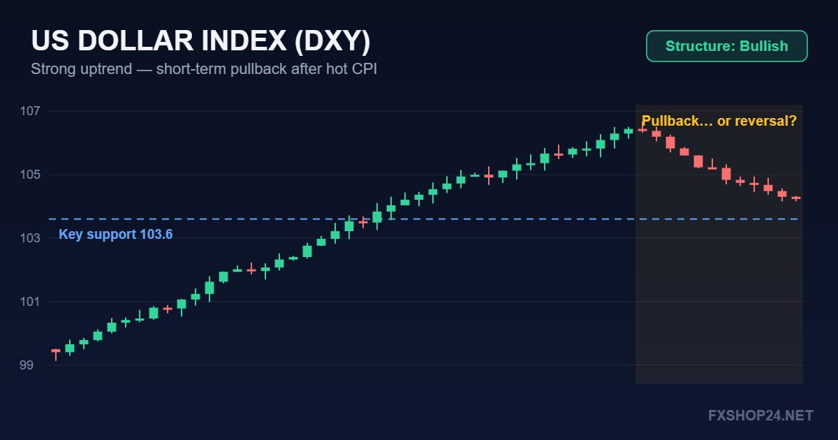 US Dollar Index DXY chart showing a bullish trend with a short-term pullback
